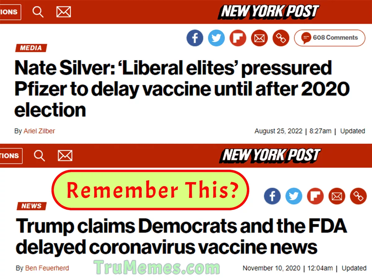 NY Post 2020-11 vs 2022-08 - Trump vaccine delayed by Dems and Pfizer